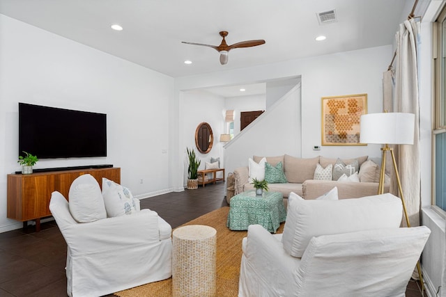 1518 Frontier Valley Dr, Austin, TX 78741 - living room with ceiling fan, recessed lighting, tile patterned floors, stairway, and baseboards