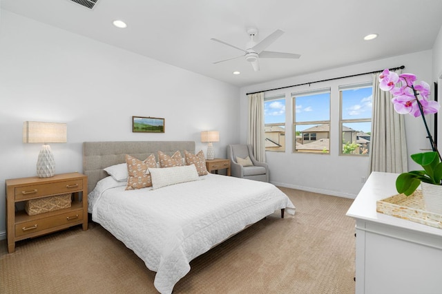 1518 Frontier Valley Dr, Austin, TX 78741 - bedroom with light carpet, baseboards, recessed lighting, and a ceiling fan