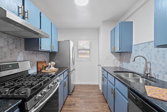 8508 Croydon Loop, Austin, TX 78748 - kitchen featuring appliances with stainless steel finishes, blue cabinets, under cabinet range hood, a sink, and dark wood-style floors