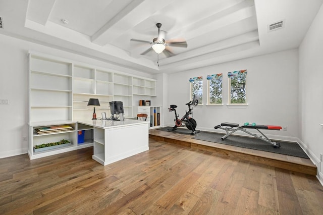 2625 Arion Cir, Austin, TX 78730 - office featuring a raised ceiling, hardwood / wood-style flooring, ceiling fan, and baseboards