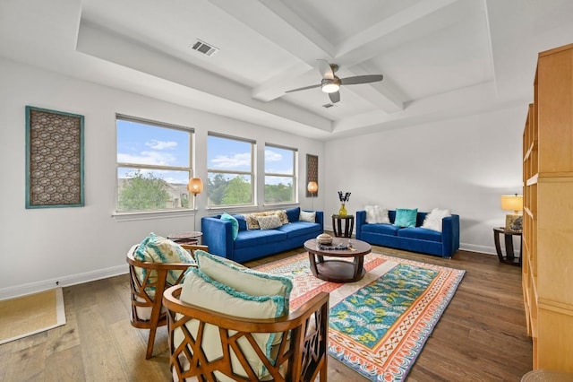 2625 Arion Cir, Austin, TX 78730 - living area featuring coffered ceiling, hardwood / wood-style flooring, ceiling fan, baseboards, and beam ceiling