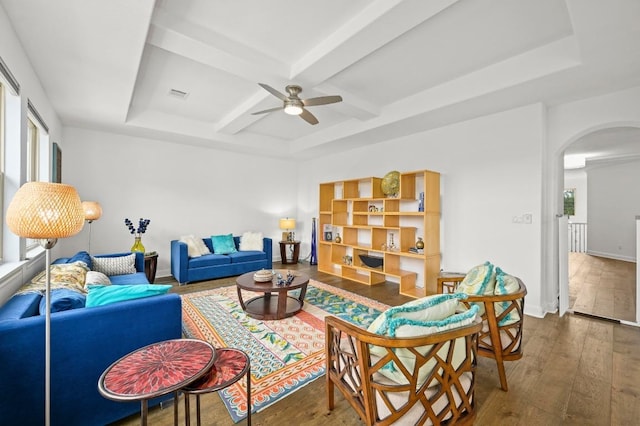 2625 Arion Cir, Austin, TX 78730 - living area with arched walkways, coffered ceiling, wood-type flooring, ceiling fan, and plenty of natural light