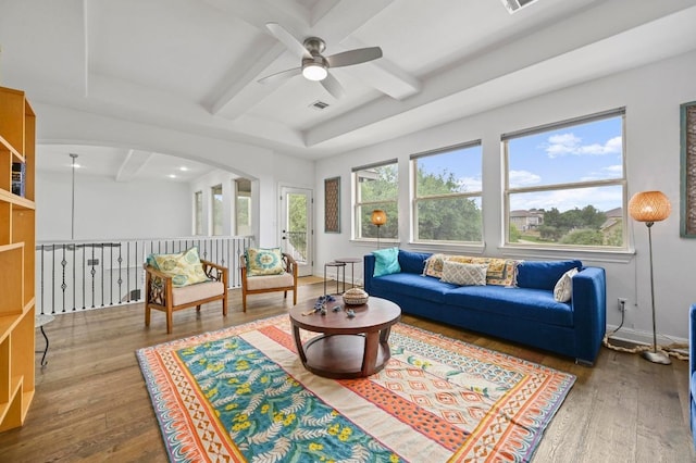 2625 Arion Cir, Austin, TX 78730 - living area featuring ceiling fan, coffered ceiling, wood-type flooring, beam ceiling, and baseboards