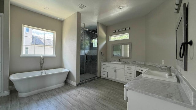 128 Gloria Blvd, Smithville, TX 78957 - full bath with vanity, a shower stall, plenty of natural light, a freestanding tub, and recessed lighting