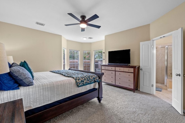17704 Miller Falls Cv, Round Rock, TX 78681 - bedroom featuring light colored carpet, a ceiling fan, and ensuite bathroom