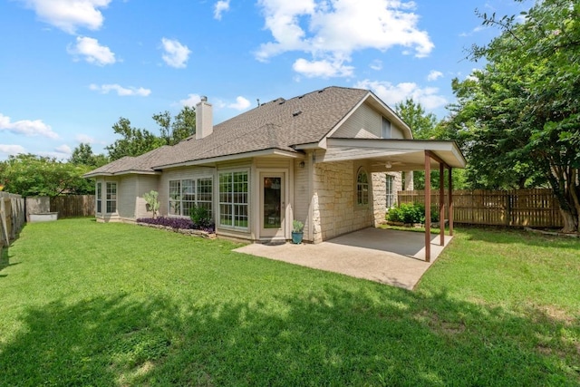 17704 Miller Falls Cv, Round Rock, TX 78681 - back of property featuring a chimney, a patio area, a fenced backyard, roof with shingles, and ceiling fan