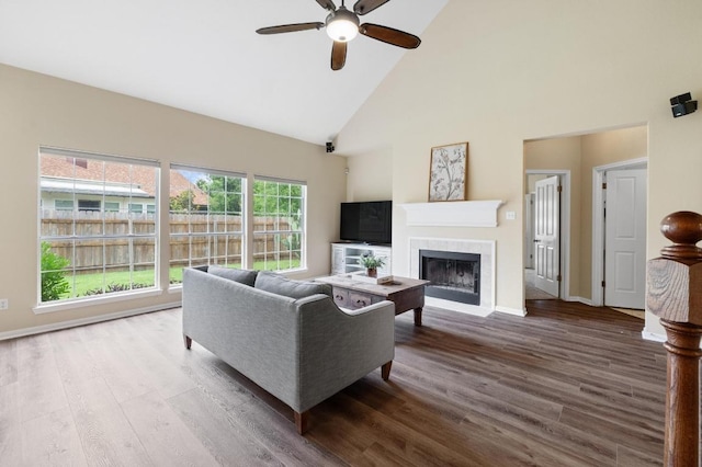 17704 Miller Falls Cv, Round Rock, TX 78681 - living area featuring high vaulted ceiling, a ceiling fan, wood finished floors, and a fireplace with flush hearth
