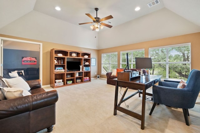1613 Westend Pl, Round Rock, TX 78681 - office area featuring vaulted ceiling, a ceiling fan, light carpet, and recessed lighting
