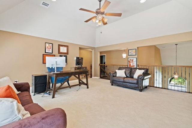 1613 Westend Pl, Round Rock, TX 78681 - carpeted home office with a ceiling fan, high vaulted ceiling, and recessed lighting