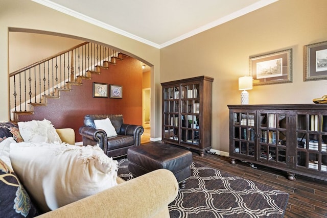 1613 Westend Pl, Round Rock, TX 78681 - living room with crown molding, arched walkways, wood finished floors, and stairway
