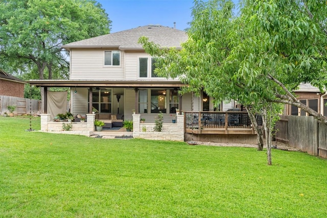 2705 Rosemount Cv, Round Rock, TX 78665 - rear view of house featuring ceiling fan, a wooden deck, and roof with shingles