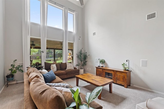2705 Rosemount Cv, Round Rock, TX 78665 - carpeted living room featuring plenty of natural light, baseboards, and a towering ceiling