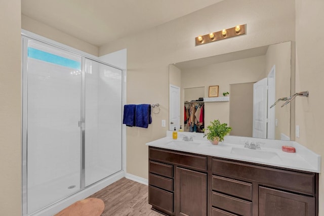 409 Red Matador Ln, Leander, TX 78641 - bathroom featuring double vanity, a shower stall, wood finished floors, baseboards, and a walk in closet
