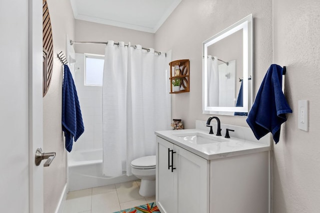 208 E Nakoma, Round Rock, TX 78664 - full bathroom with vanity, toilet, shower / bath combination with curtain, crown molding, and tile patterned floors