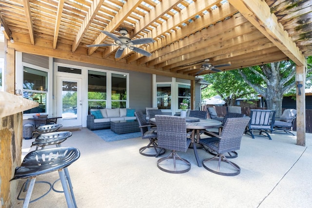 208 E Nakoma, Round Rock, TX 78664 - view of patio / terrace with ceiling fan, outdoor dining area, an outdoor hangout area, and a pergola