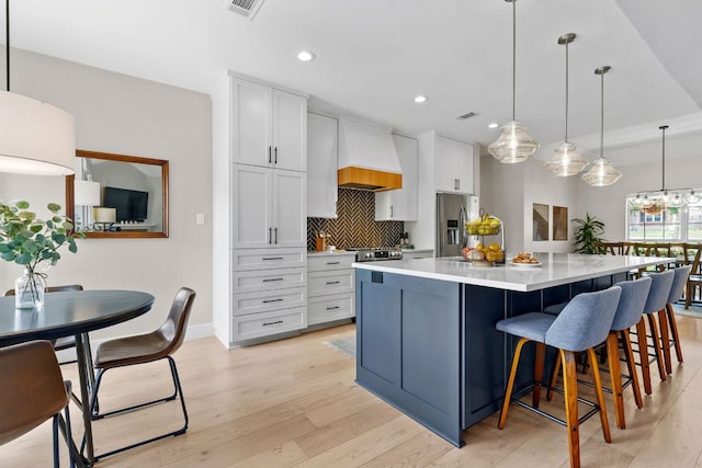 208 E Nakoma, Round Rock, TX 78664 - kitchen featuring stainless steel appliances, custom exhaust hood, white cabinetry, decorative backsplash, and light wood-type flooring