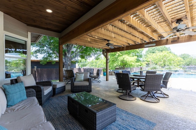 208 E Nakoma, Round Rock, TX 78664 - fenced backyard with outdoor dining space, a ceiling fan, outdoor lounge area, and a patio