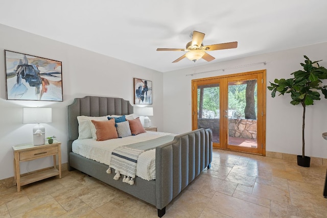 6706 Fort Davis Cv Unit B, Austin, TX 78731 - bedroom with stone tile floors, access to outside, french doors, and ceiling fan