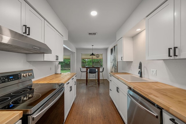 10207 Ray Ave, Austin, TX 78758 - kitchen with butcher block countertops, appliances with stainless steel finishes, extractor fan, a sink, and dark wood-type flooring