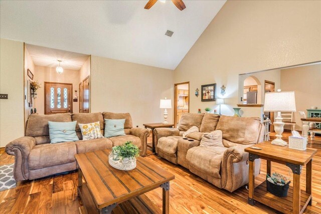 336 Primrose Dr, Kyle, TX 78640 - living room featuring light wood-type flooring, ceiling fan, and high vaulted ceiling