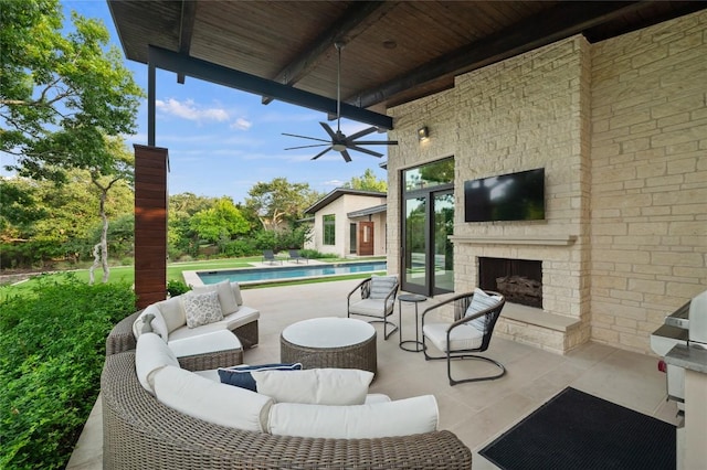 9517 Veletta Pl, Austin, TX 78735 - view of patio with an outdoor living space with a fireplace, an outdoor pool, and a ceiling fan