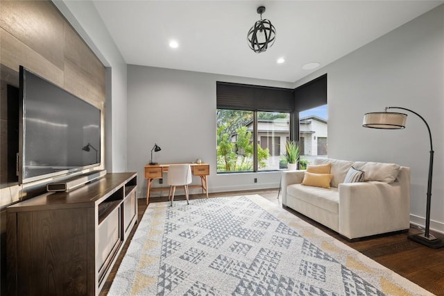 9517 Veletta Pl, Austin, TX 78735 - living room featuring wood finished floors, recessed lighting, baseboards, and an office area
