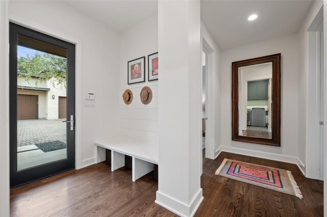 9517 Veletta Pl, Austin, TX 78735 - mudroom with dark wood-type flooring, baseboards, and recessed lighting
