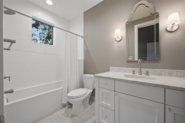 9517 Veletta Pl, Austin, TX 78735 - full bathroom featuring vanity, toilet, shower / tub combo with curtain, and marble finish flooring