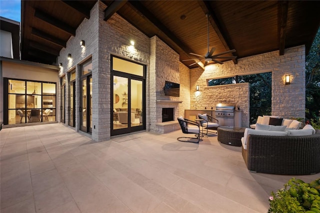 9517 Veletta Pl, Austin, TX 78735 - view of patio / terrace featuring ceiling fan and an outdoor living space with a fireplace