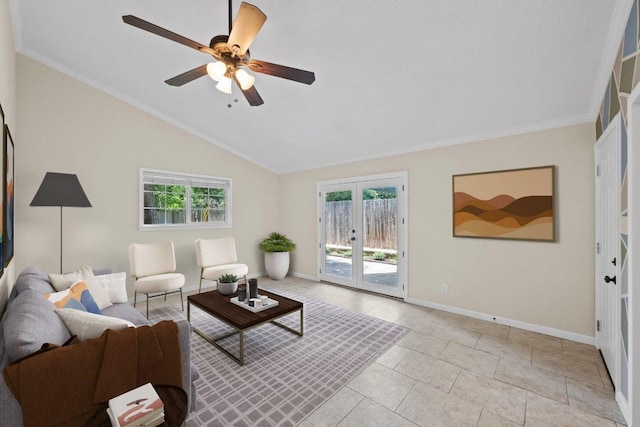 3102 Glen Ora St Unit 102, Austin, TX 78704 - living room featuring vaulted ceiling, a ceiling fan, crown molding, and french doors