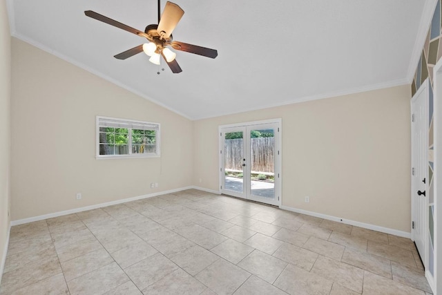 3102 Glen Ora St Unit 102, Austin, TX 78704 - unfurnished room featuring vaulted ceiling, ceiling fan, french doors, ornamental molding, and light tile patterned flooring