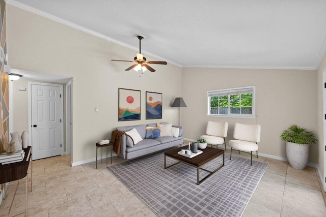3102 Glen Ora St Unit 102, Austin, TX 78704 - living area with a ceiling fan, lofted ceiling, and crown molding