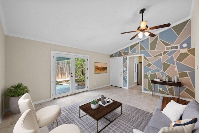 3102 Glen Ora St Unit 102, Austin, TX 78704 - living area with ornamental molding, french doors, a ceiling fan, lofted ceiling, and tile patterned floors