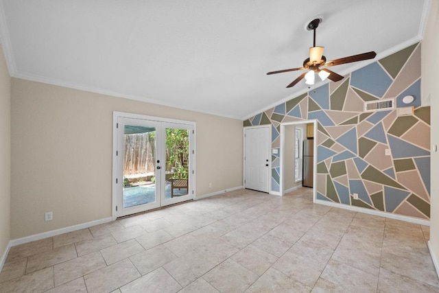 3102 Glen Ora St Unit 102, Austin, TX 78704 - empty room featuring crown molding, french doors, lofted ceiling, and a ceiling fan
