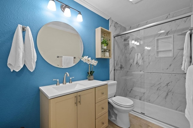 3102 Glen Ora St Unit 102, Austin, TX 78704 - full bath featuring vanity, a marble finish shower, crown molding, and a textured wall