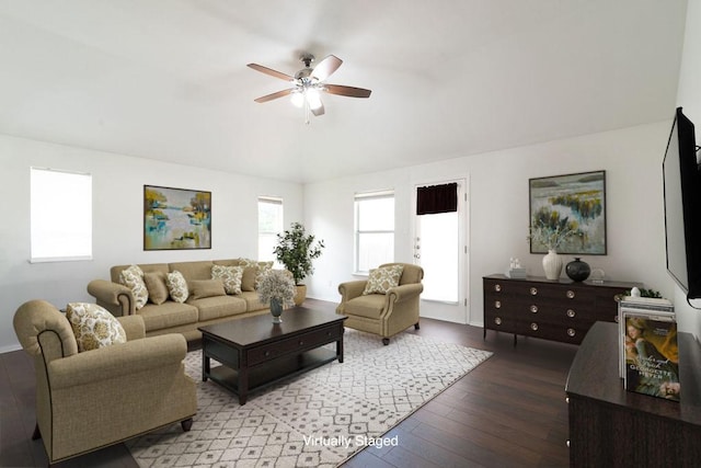 1310 Rainbow Parke Dr, Round Rock, TX 78665 - living area featuring ceiling fan, wood finished floors, and lofted ceiling