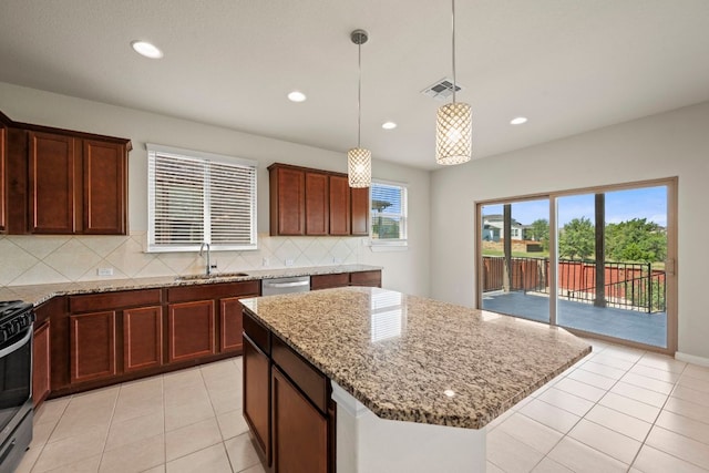 5406 Traviston Dr, Austin, TX 78738 - kitchen featuring a sink, backsplash, light stone countertops, light tile patterned flooring, and recessed lighting