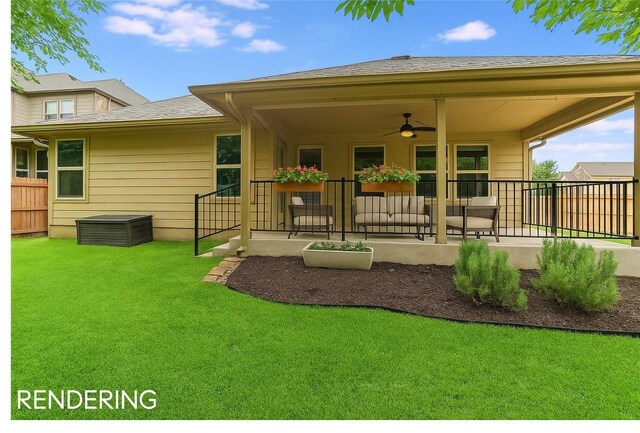 9424 Sawyer Fay Ln, Austin, TX 78748 - rear view of property with ceiling fan, a patio area, and a shingled roof