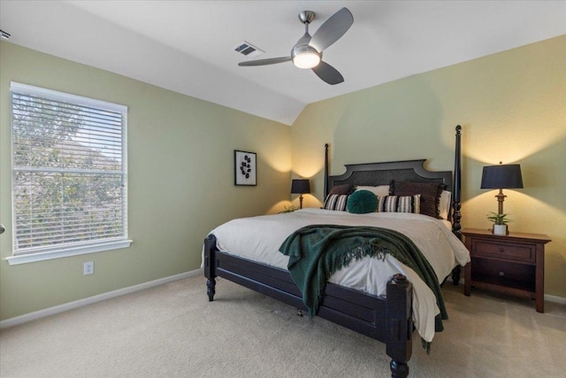 12501 Bright Sky Overlook, Austin, TX 78732 - bedroom with light carpet, lofted ceiling, and a ceiling fan