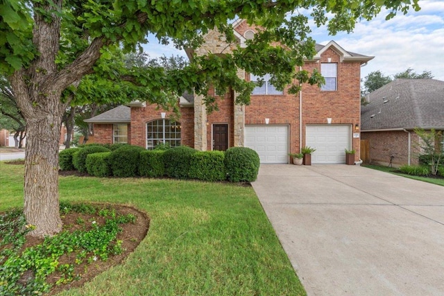 12501 Bright Sky Overlook, Austin, TX 78732 - view of front of house featuring concrete driveway, brick siding, a front lawn, and a garage