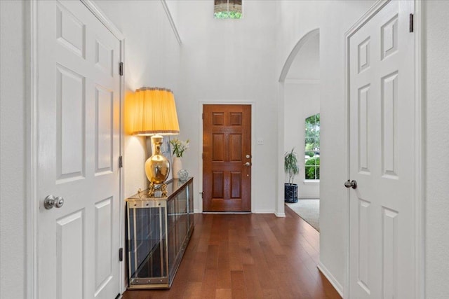 12501 Bright Sky Overlook, Austin, TX 78732 - entryway with arched walkways, dark wood-type flooring, and a towering ceiling
