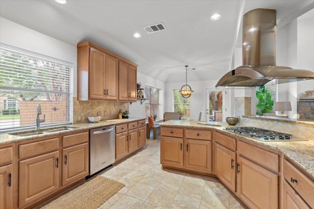 12501 Bright Sky Overlook, Austin, TX 78732 - kitchen featuring appliances with stainless steel finishes, island exhaust hood, decorative backsplash, light stone counters, and recessed lighting