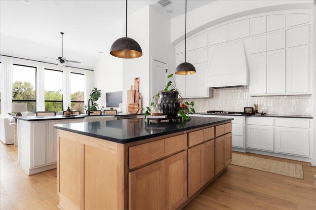 482 Running Bird Rd, Austin, TX 78737 - kitchen with premium range hood, a kitchen island, light wood-style floors, dark countertops, and a peninsula