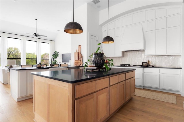 482 Running Bird Rd, Austin, TX 78737 - kitchen featuring custom exhaust hood, a center island, dark countertops, light wood-style flooring, and a peninsula