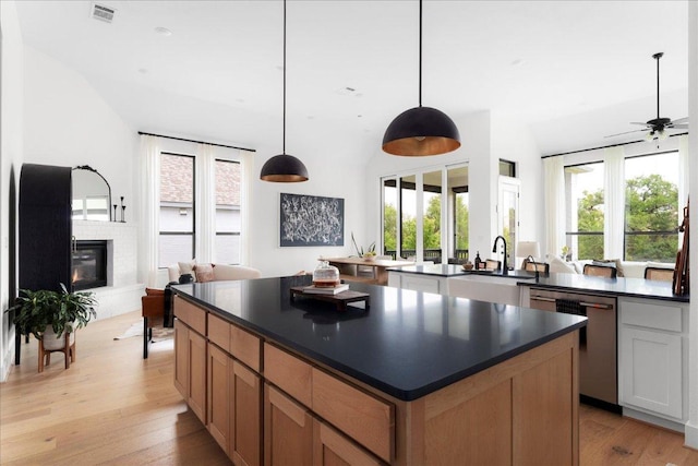 482 Running Bird Rd, Austin, TX 78737 - kitchen featuring stainless steel dishwasher, a glass covered fireplace, a center island, dark countertops, and light wood-style flooring