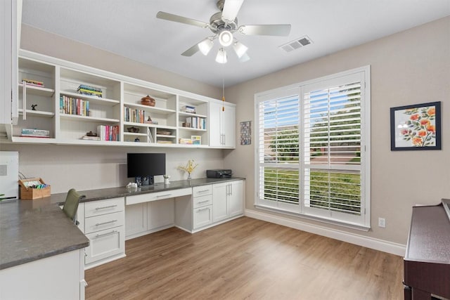 2125 Village View Loop, Pflugerville, TX 78660 - unfurnished office featuring built in study area, light wood-style floors, a ceiling fan, and baseboards