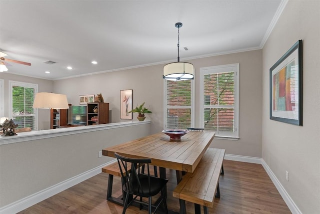 2125 Village View Loop, Pflugerville, TX 78660 - dining space with wood finished floors, baseboards, ornamental molding, ceiling fan, and recessed lighting