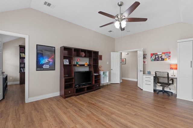 2125 Village View Loop, Pflugerville, TX 78660 - office featuring vaulted ceiling, ceiling fan, light wood-type flooring, and baseboards