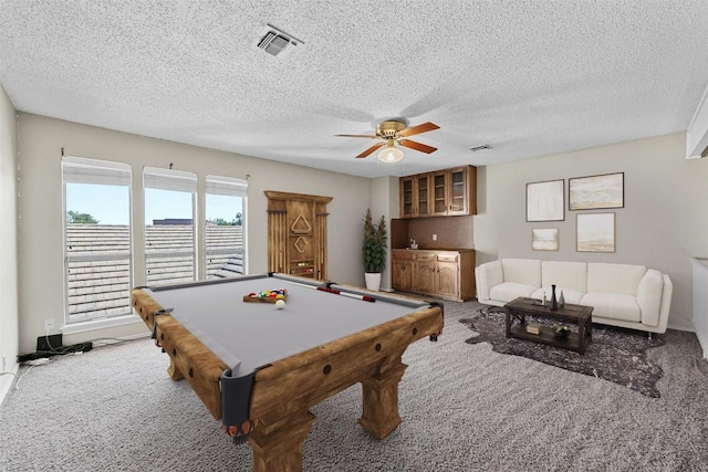 11512 Tin Cup Dr Unit 103, Austin, TX 78750 - playroom featuring carpet flooring, a ceiling fan, a textured ceiling, and pool table