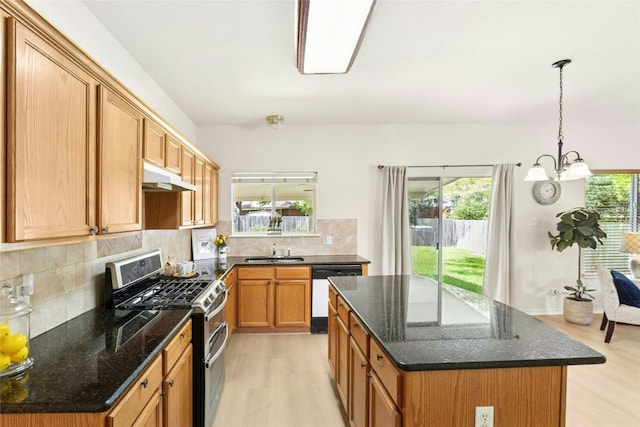 1113 Red Ranch Cir, Cedar Park, TX 78613 - kitchen with double oven range, a sink, dishwashing machine, light wood-style floors, and under cabinet range hood